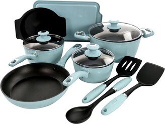 Lynhurst 12 Piece Nonstick Aluminum Cookware Set in Blue with Kitchen Tools