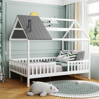 TONWIN Kids Bed Full Size Wood House Bed for Bedroom with Fence White & Gray