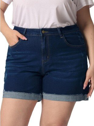 Agnes Orinda Women's Plus Size Denim Roll Hem High-Rise Stretch Trendy Jean Shorts Blue 4X