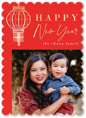 Lunar New Year Cards: Modern Lantern Lunar New Year Card, Red, 5X7, Pearl Shimmer Cardstock, Scallop