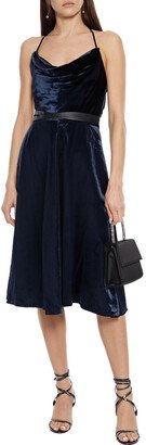 Leather-trimmed draped velvet dress