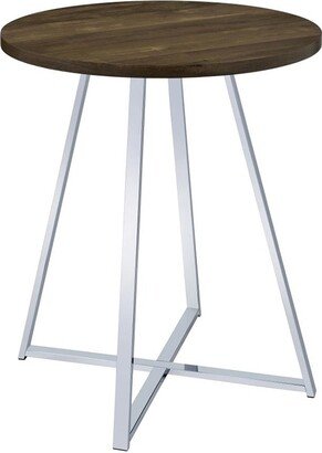 Wood Top Round Bar Table with Metal Base in Brown Oak and Chrome