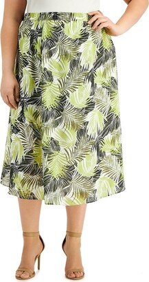 Plus Womens Palm-Print Mid-Calf Midi Skirt