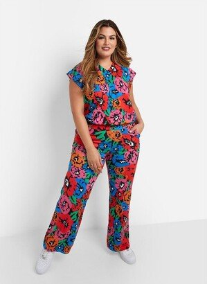 Rebdolls Women's Rikki Knit Floral Print Wide Leg Pants W. Pockets - Multicolor - Large