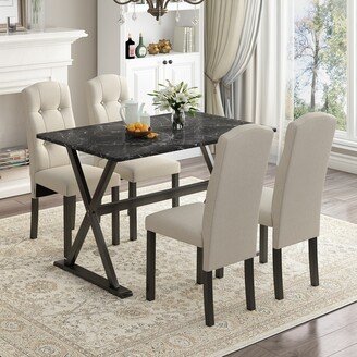 RASOO Elegant 5-Piece Dining Table Set with Faux Marble Top and Upholstered Chairs