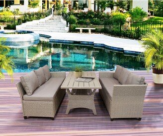 LELATTRADE 3 Piece Set Patio Outdoor PE Rattan Wicker Conversation Set All Weather Sectional Sofa Set with Table and Soft Cushions