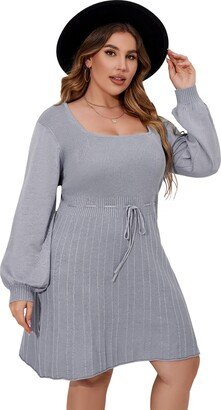 KOJOOIN Womens Plus Size Lantern Sleeve A-Line Tie Waist Sweater Dress Casual Loose Winter Pullover Sweater Midi Dresses (Grey