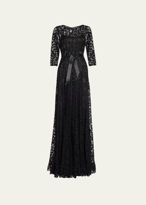 3/4-Sleeve Lace Overlay Gown