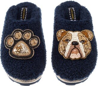 Laines London Teddy Towelling Closed Toe Slippers With Mr Beefy Bulldog & Paw Brooch - Navy