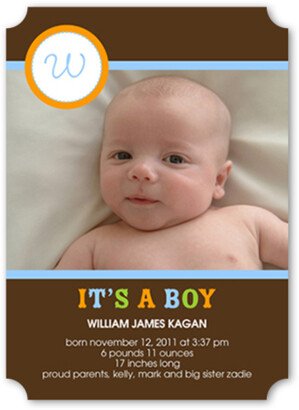 Baby Boy Birth Announcements: It's A Boy Birth Announcement, Brown, Signature Smooth Cardstock, Ticket