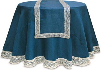 Opulent Blue and Cream Christmas Table Runner with Crocheted Edge 70