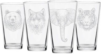 Wildlife Beer Glasses - Set Of 4 - Pint Professionally Engraved - Bear - Wolf - Elephant - Tiger - Housewarming Gift - Cool Gift-Christmas