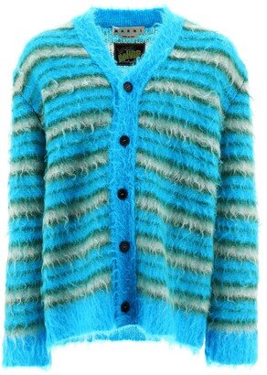 Brushed-Knitted Striped V-Neck Cardigan