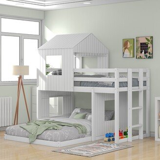 NINEDIN Wooden House Twin Over Full Bunk Bed Frame with Roof & Windows Design, Twin Over Full Bunk Bed with Ladder and Guardrails, White