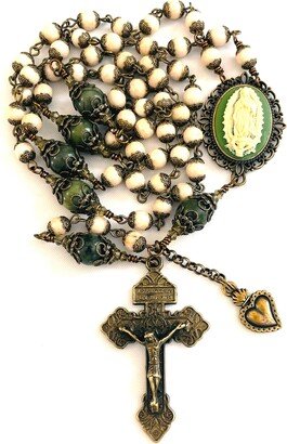 Our Lady Of Guadalupe Catholic Rosary, Antique Bronze, Green Olive Jade & Cream Color Riverstone, Prayer Beads, Sacred Heart Dangle, Cameo Center