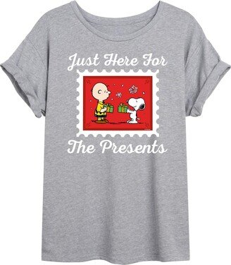 Hybrid Apparel - Peanuts - Christmas - Just Here for The Presents Stamp - Juniors Flowy Muscle T-Shirt - Size X-Large Heather Grey