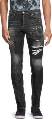 High Rise Logo Distressed Jeans