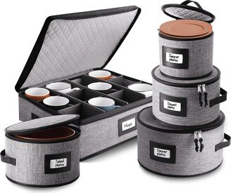 Storagebud 5 Piece Hard Shell Fine China Dinnerware & Cup Storage - Holds a 12 Serving Set - Grey black