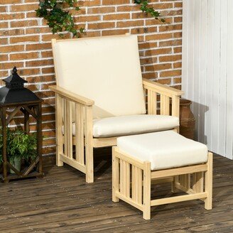 2-Piece Outdoor Patio Furniture Set, Wooden Lounge Chair Set, Armchair with Ottoman & Thick Cushions