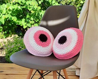 Set Of 2 Pink Evil Eye Pillows, Crochet Throw Pillow, Plush Round Charm, Good Luck Gift, Lucky Gift For Her