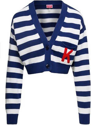 Blue and White Nautical Striped Cropped Cardigan in Cotton Woman