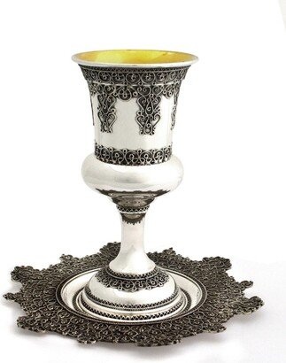 Filigree Kiddush Cup & Large Tray With Stem Unique Traditional Yemenite - Judaica Holiday Gifts