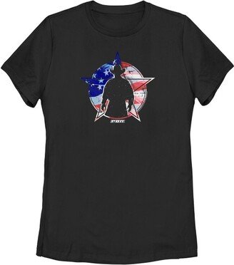 Women' Profeional Bull Rider American Flag Cowboy Silhouette T-Shirt - Black - X Large