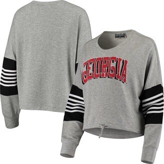 Gameday Couture Women's Heathered Gray Distressed Georgia Bulldogs Real Mvp French Terry Tri-Blend Striped Pullover Sweatshirt