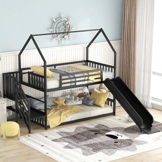 EDWINRAY Simple & Modern Twin Size Metal House Bunk Bed with Slide & Staircase, Black