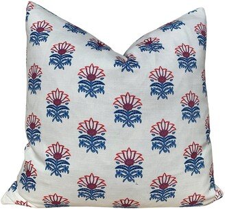 Designer Milford Pillow Red Blue. Floral Cover, Accent Lumbar Pillows, Euro Sham 26x26, Small Scale