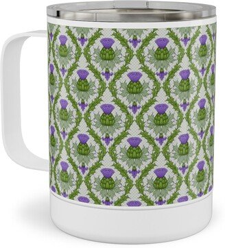 Travel Mugs: Thistle Damask - Green Stainless Steel Mug, 10Oz, Green