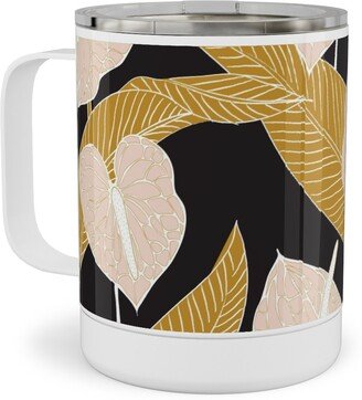 Travel Mugs: Art Nouveau Anthuriums - Black Mustard And Pale Peach Stainless Steel Mug, 10Oz, Multicolor