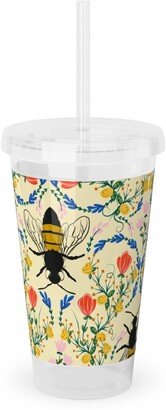 Travel Mugs: Bee Garden - Multi On Cream Acrylic Tumbler With Straw, 16Oz, Yellow