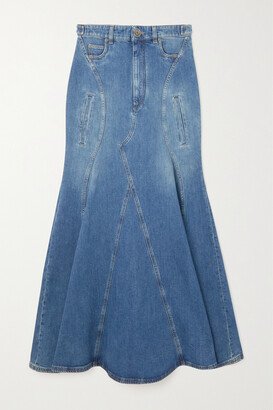 Pleated Paneled Denim Maxi Skirt - Blue