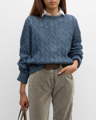 Metallic Cable-Knit Cuffed Long-Sleeve Crewneck Sweater