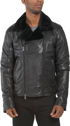 TJMAXX Leather Biker Jacket With Shearling Collar And Trim For Men-AA