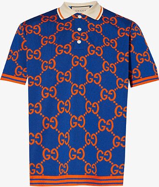 Mens Blue Orange Monogram-print Stretch-woven Blend Polo Shirt