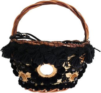 Beige Straw Snakeskin Pom Pom Crystal AGNESE Women's Bag