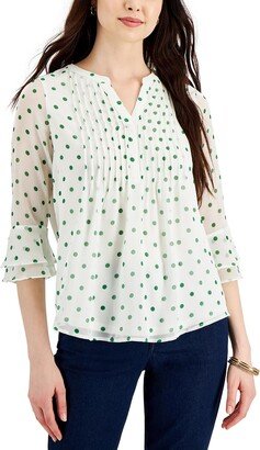 Petites Womens Pindot Pintuck Blouse