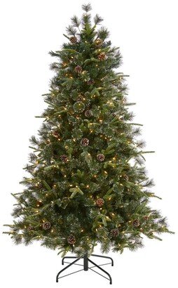 Snowed Tipped Clermont Mixed Pine Artificial Christmas Tree with 250 Clear Led Lights, Pine Cones and 1242 Bendable Branches