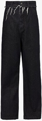 Airei Mens Washed Black Distressed-trim High-rise Wide-leg Organic Denim Jeans