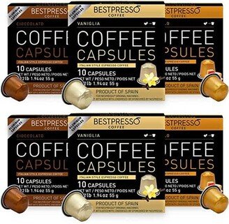 Bestpresso Variety Pack - 120 Genuine Espresso Pods with Caramel, Vanilla & Chocolate Flavors. Compatible with Nespresso Original Machines.