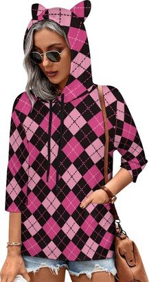 MENRIAOV Pink And Black Argyle Womens Cute Hoodies with Cat Ears Sweatshirt Pullover with Pockets Shirt Top 4XL