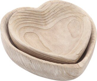 Wood, Set of 2 9, 10 Heart Bowls, Natural 3.0H - 10.0 x 10.0 x 3.0