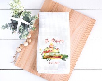 Personalized Christmas Kitchen Towel, Retro Car Custom Holiday Decor, Hostess Gift