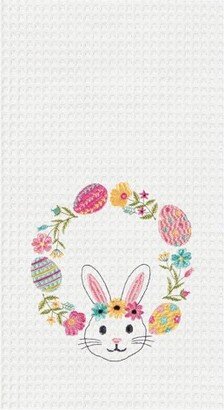 Bunny Egg Wreath Embroidered Waffle Weave Kitchen Towel