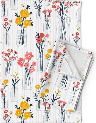 Springtime Tea Towels | Set Of 2 - Eliza's Bouquets By Sarah Treu Wildflowers Mustard Pink Coral Linen Cotton Spoonflower