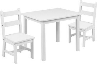 Emma and Oliver Kids 3 Piece Solid Hardwood Table and Chair Set for Playroom, Kitchen - White