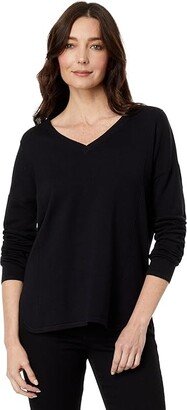 Modal Knit V-Neck Sweater w/ Curved Hem (Black) Women's Clothing