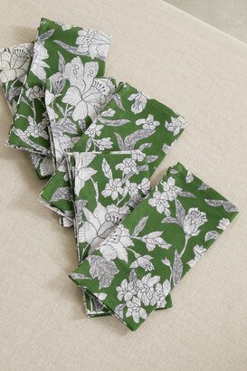 Set Of Six Floral-print Linen Napkins - Green